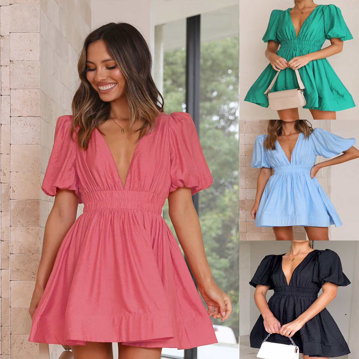 dress Sexy V neck Lantern Sleeve Waist-Tight Princess Dress Women Short Sleeve Dress
