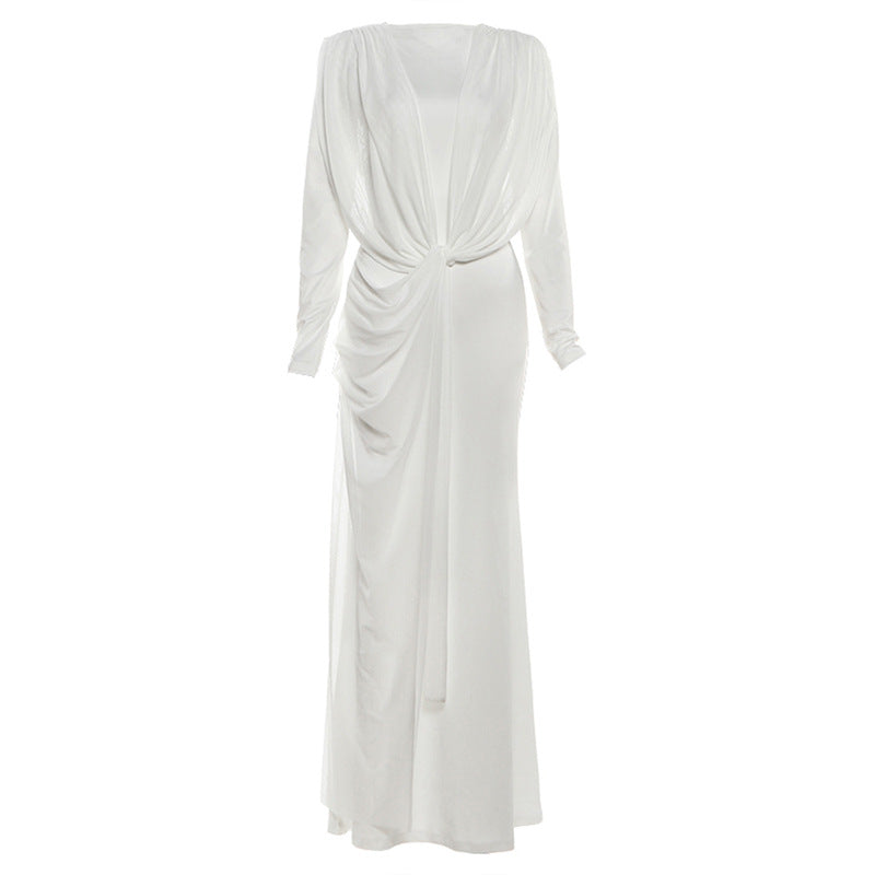 Autumn Winter Sexy Slim Fit Irregular Asymmetric Mesh Maxi Dress Solid Color Dress for Women