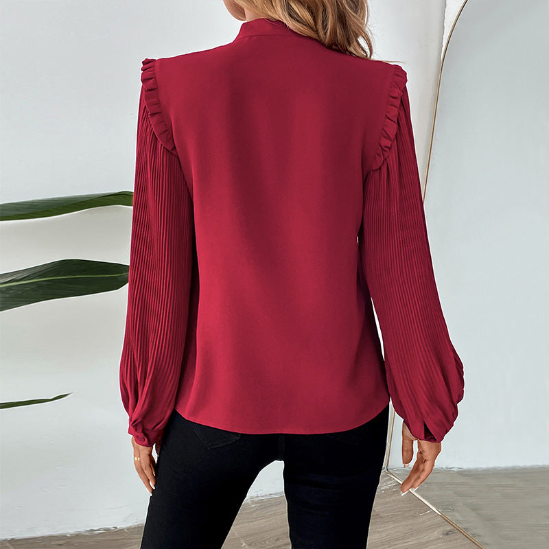 Shirt Lantern Long Sleeve Bow Collar Solid Color Women Shirt