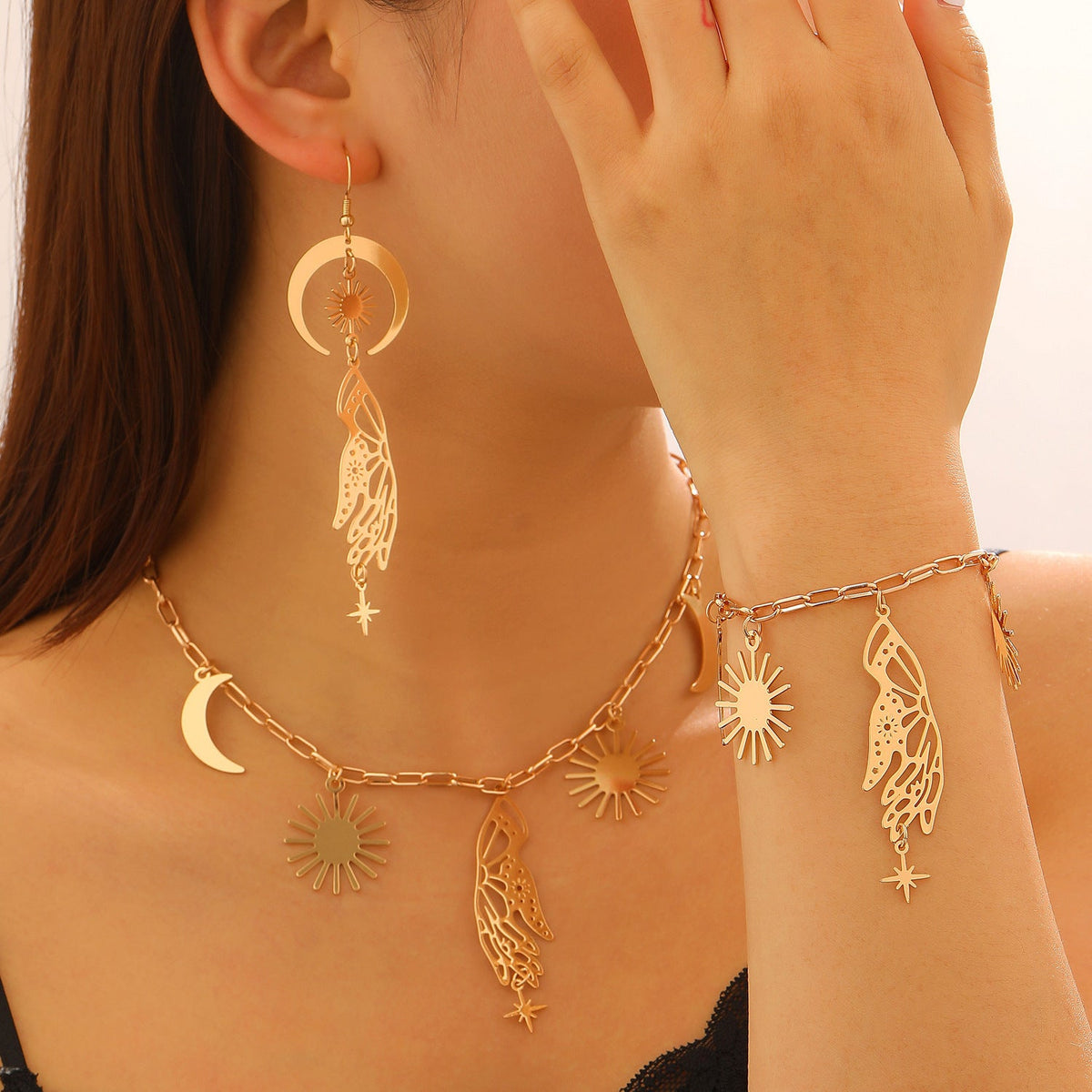 Bohemian Sun Moon Star Wing Tassel Earrings Necklace Bracelet Set