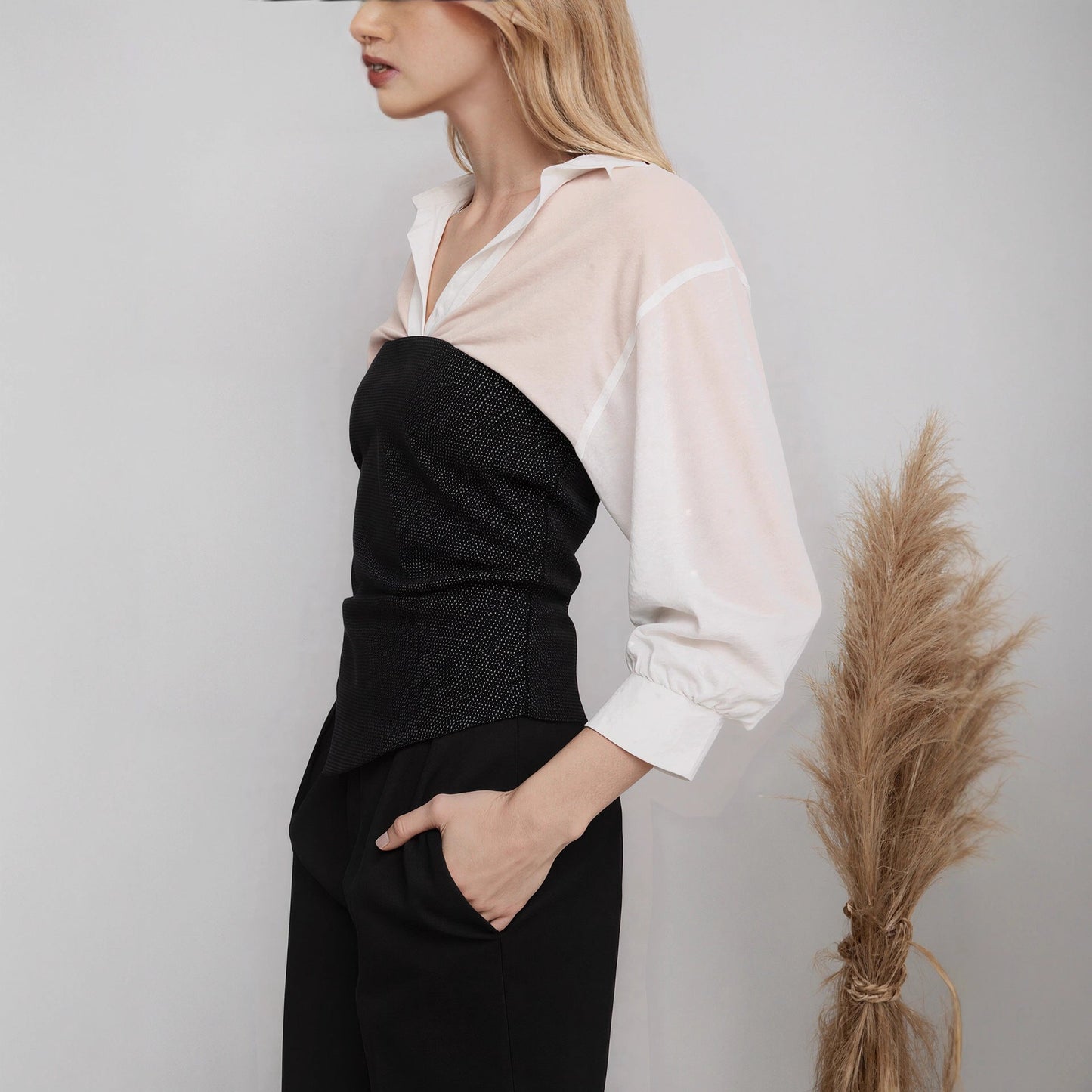 White V neck Waist Three Quarter Sleeve Shirt Women French Elegant Niche Slimming Top