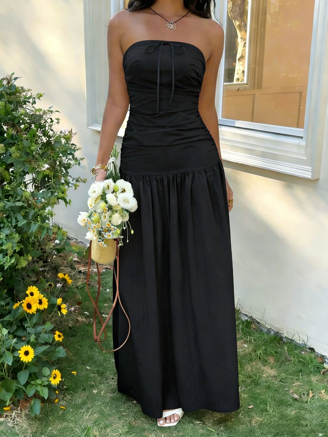 French Gentle Tube Top Dress Summer Waist Trimming Lace up Long Vacation Dress