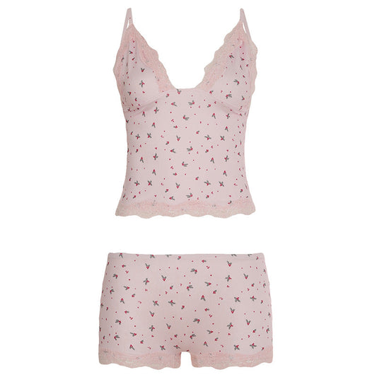 Casual Homewear Small Floral Lace Sexy Camisole Shorts Pajamas Two Piece Sets