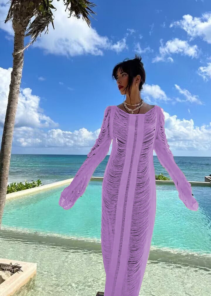 Summer Vacation Beach Dress Sexy Backless Lace Up Hollow Out Cutout Long Sleeve Dress Crochet hook Crochet hook Crochet hook