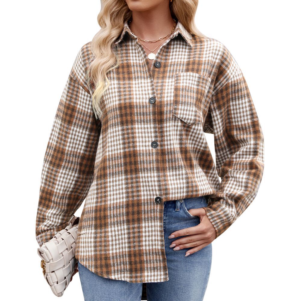 Autumn Winter Women Houndstooth Design Button Flannel Woolen Shirt