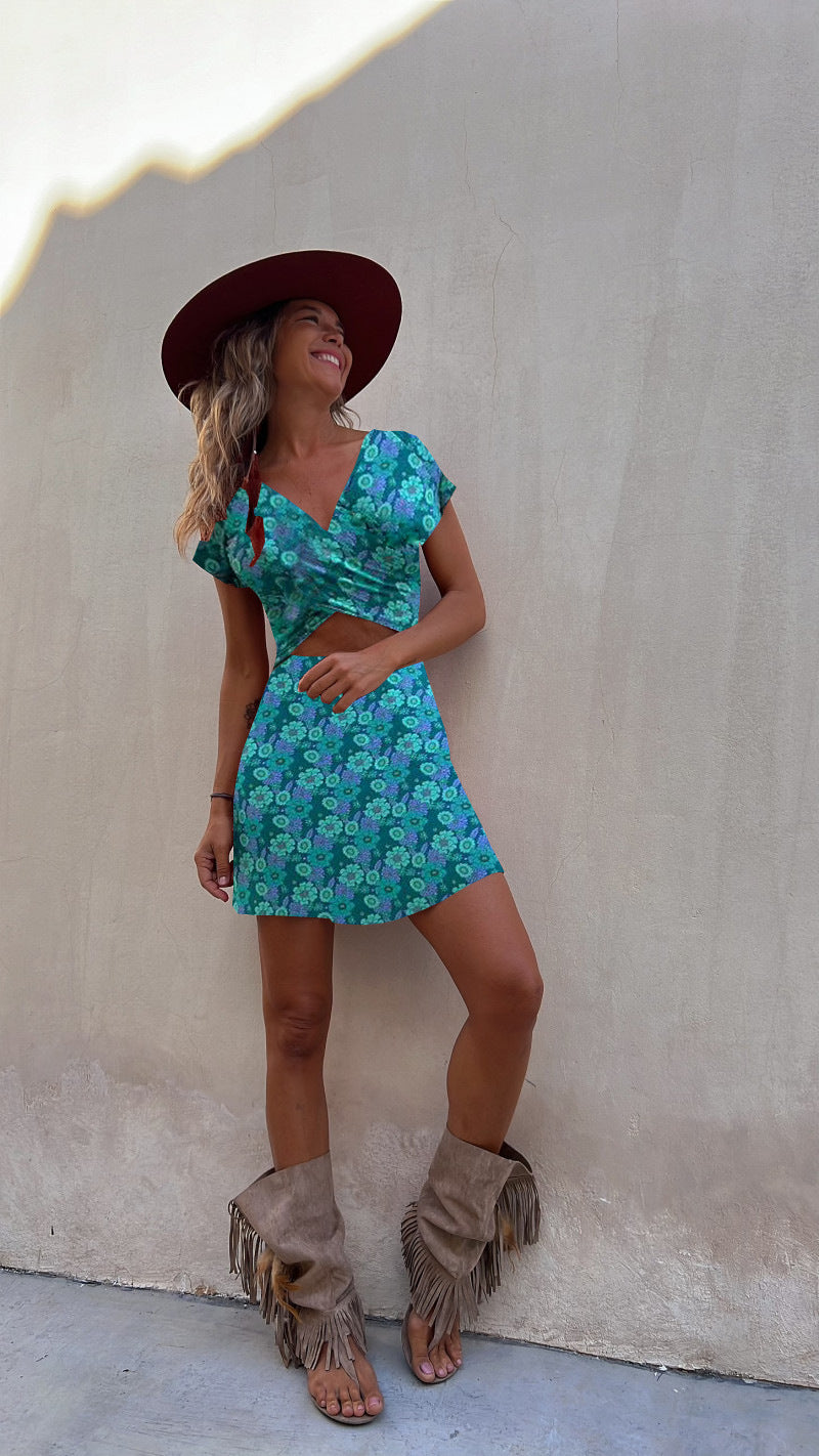 Summer Short Sleeve Two Sided Wear Printed Short Dress