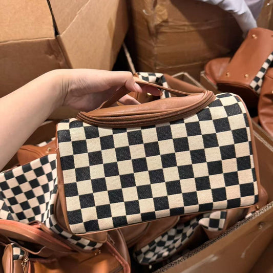 Large portable plaid cosmetic bag, large capacity toilet bag, tote zipper cosmetic storage bag, makeup bag with compartments,