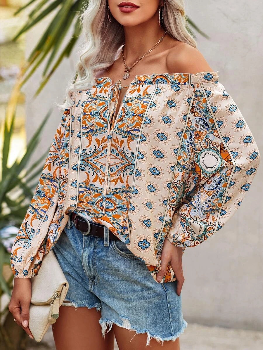 Bohemian Summer Floral Print off Shoulder Lotus Leaf Trim Knot Front Shirt