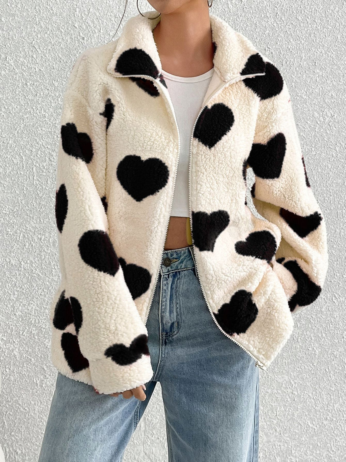 Flash Velvet Women Clothing Autumn Winter Plush Loving Heart Printed Loose Long Sleeves Zipper Cardigan Outerwear