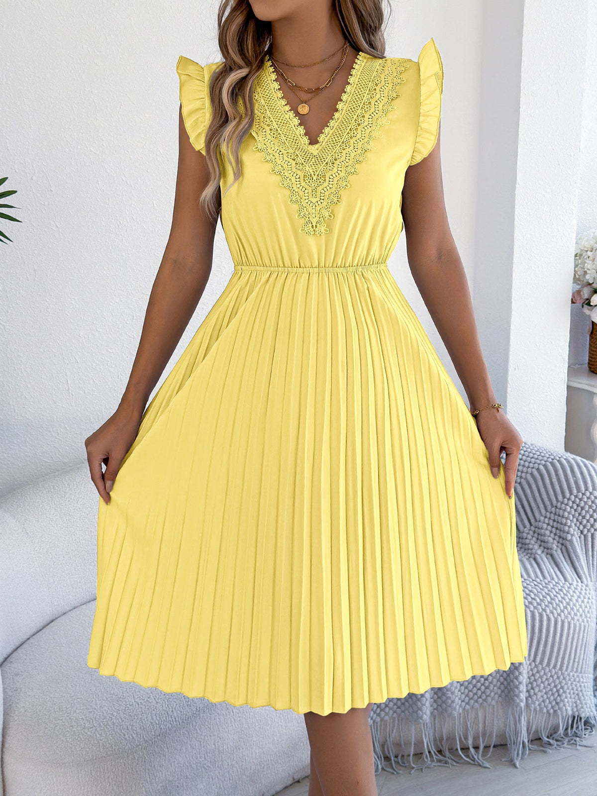 Women Clothing Spring Summer Casual Lace V neck Wooden Ear Cinched Pleated Dress
