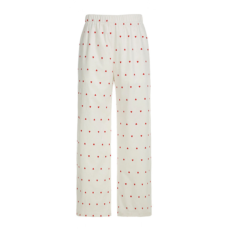 Spring Autumn Two Piece Sets Heart Printing Long Sleeved Shirt Trousers Pajamas Women Loose Comfortable Homewear Women