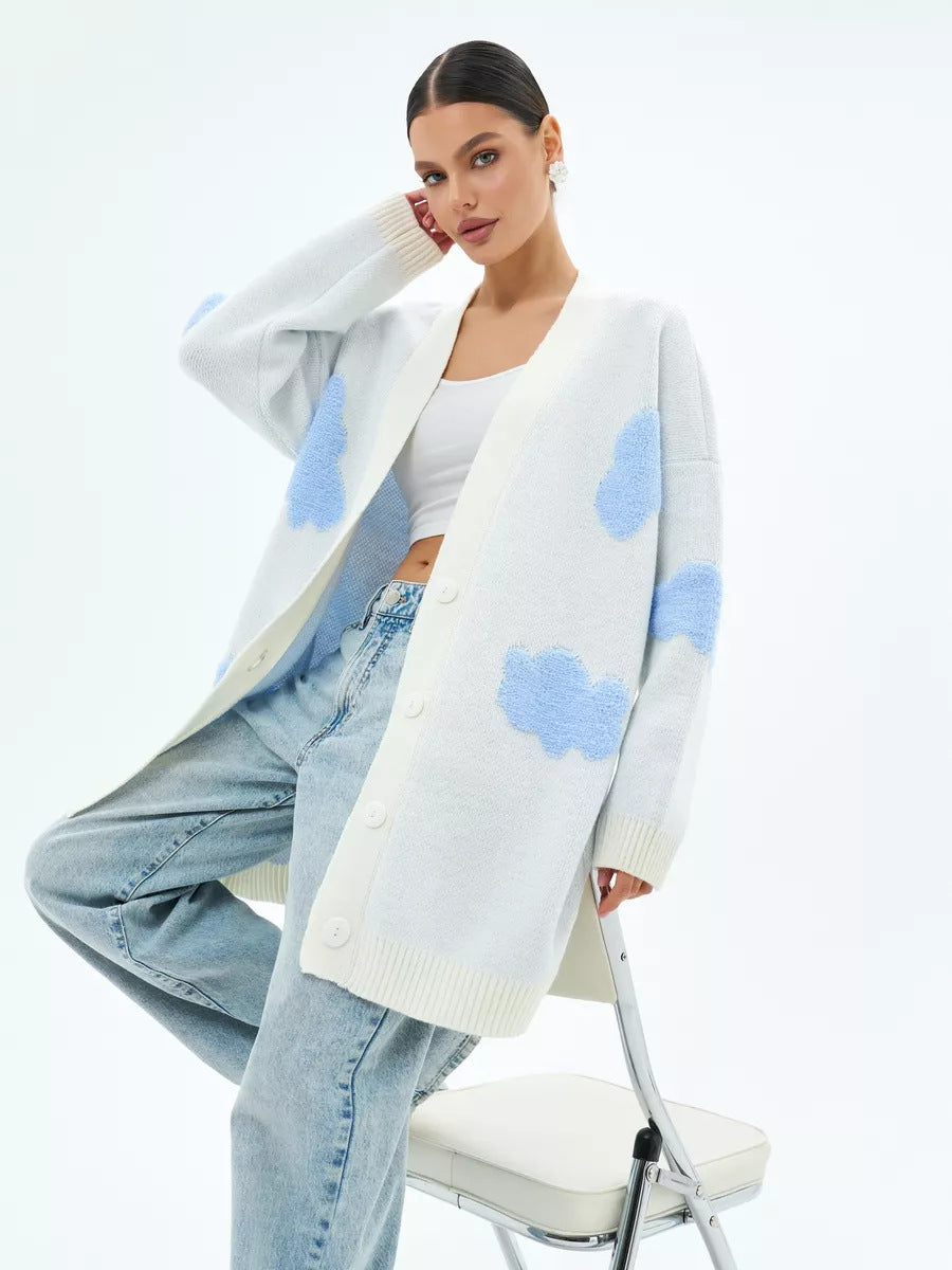 Women Turtleneck Cloud Cute Sweater Cardigan Knit Casual Daily Autumn Winter Women Coat Top