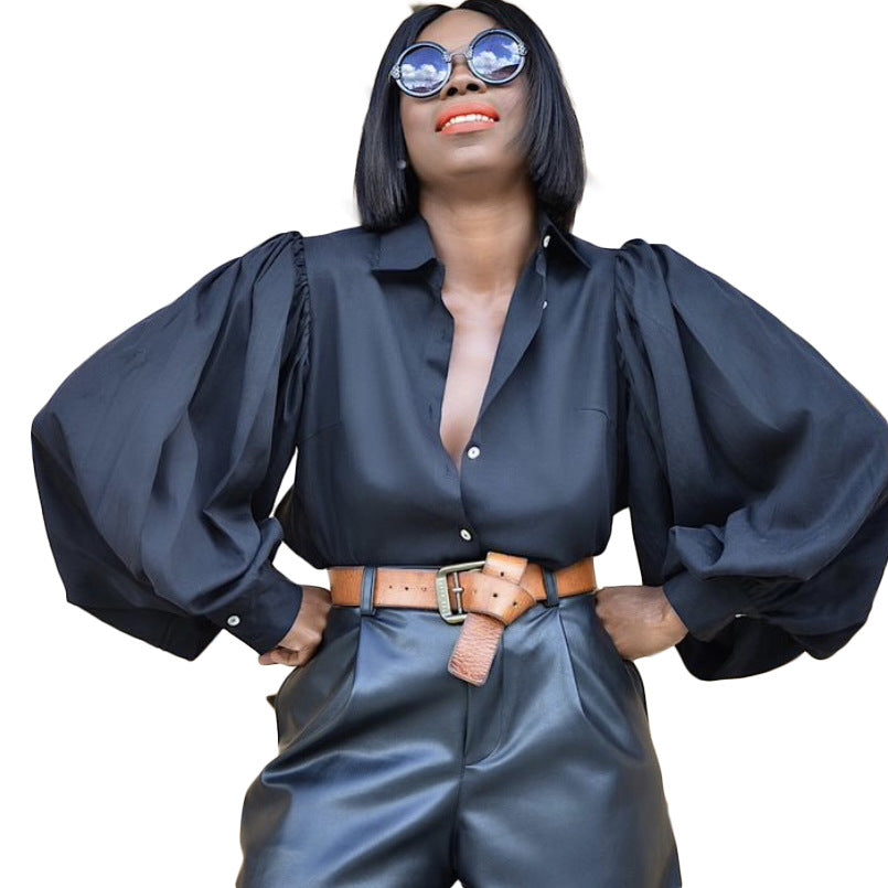 Single-Breasted Backless Lantern Sleeve Long Sleeve Office Shirt