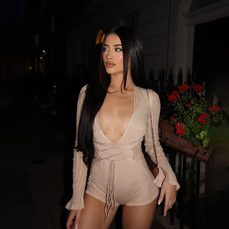 Fall Women Clothing Trend Sexy Deep V Plunge Neck Striped Contrast Color High Waist Lace Up Jumpsuit