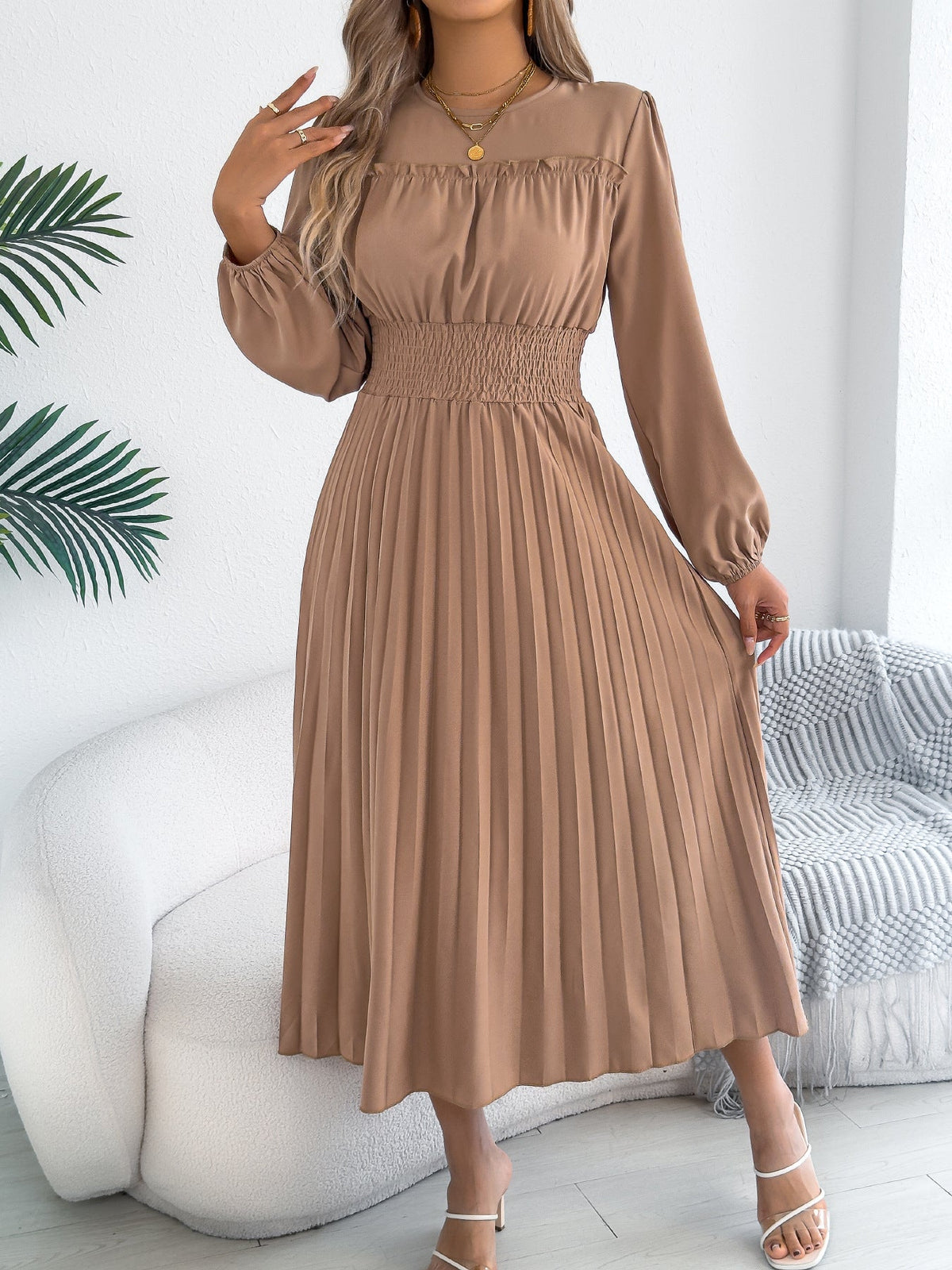 Women Clothing Spring Summer Elegant Wooden Ear Long Sleeved Waist Pleated Dress