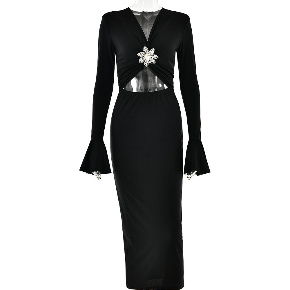 Spring Summer V Neck Bell Sleeve Dress Fashionable Elegant Sexy Sexy Tight Fishtail Dress