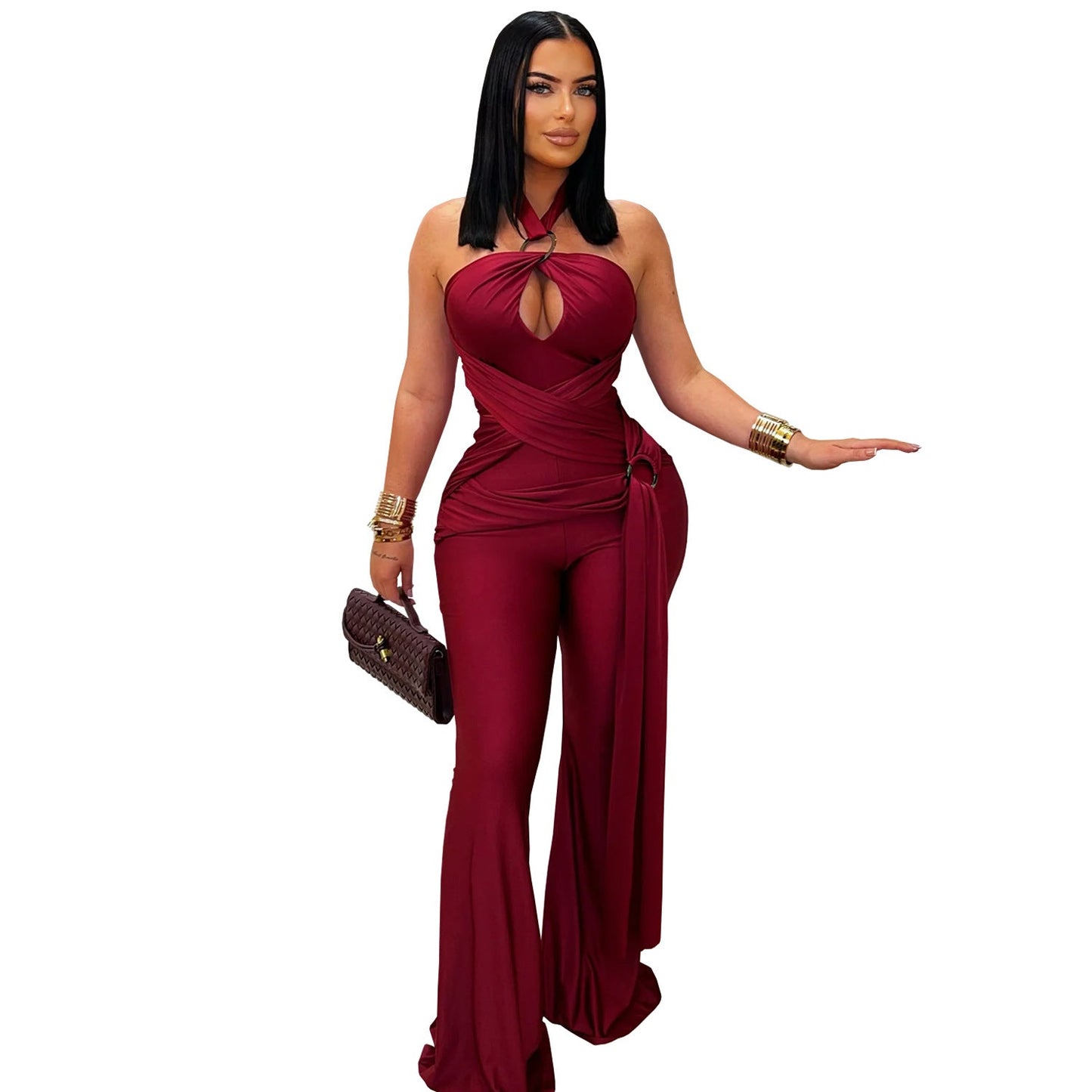 Women Wear Solid Color Elegant Halter Wide Leg Arm Covering Jumpsuit