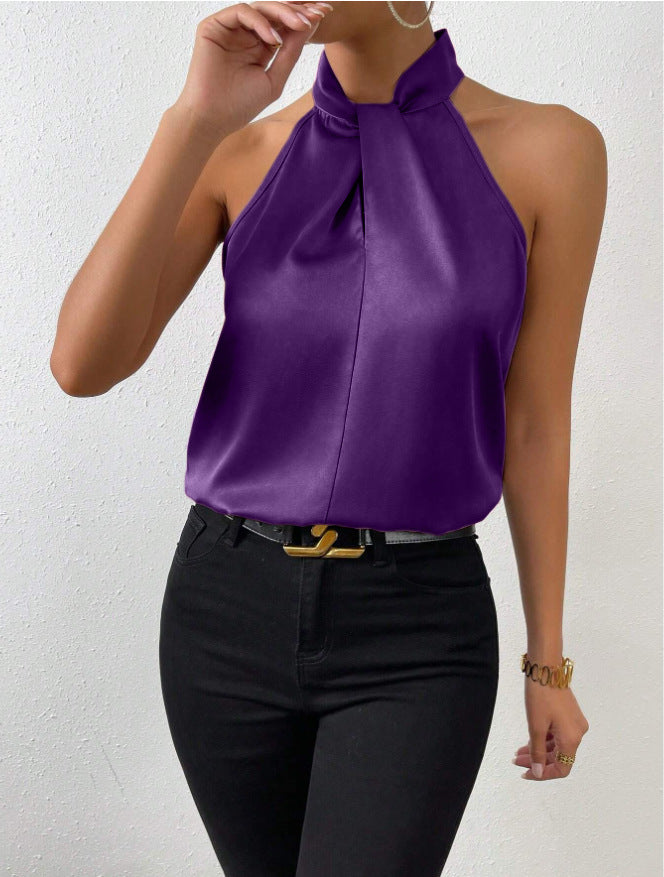 Summer Women Clothing Satin Halter Sleeveless Vest Satin Artificial Silk Top