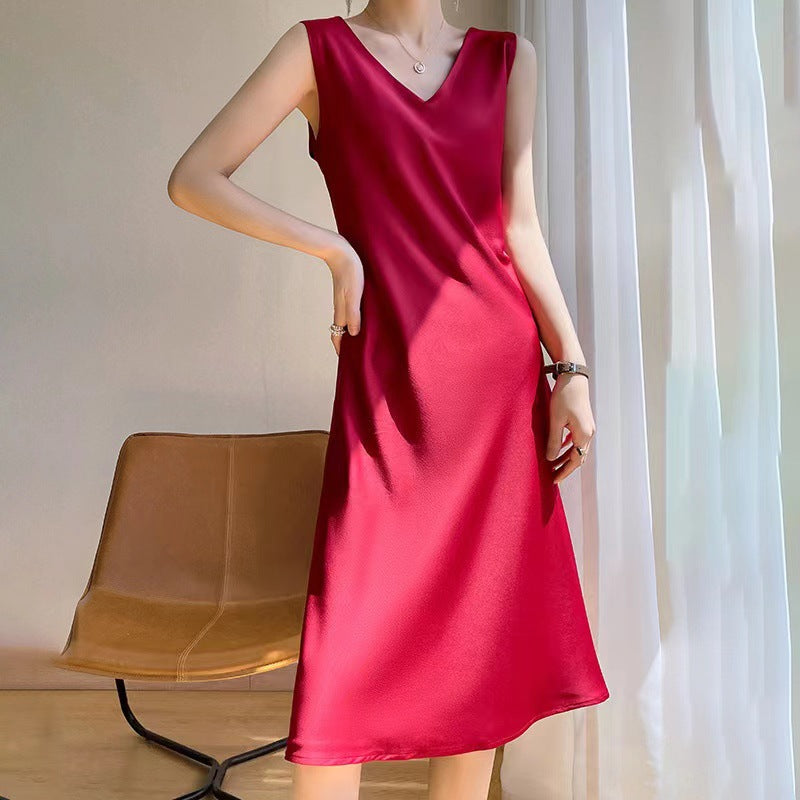 Sleeveless Dress Women Satin Long below the Knee Summer Inner Wear plus Size Solid Color Halter Dress