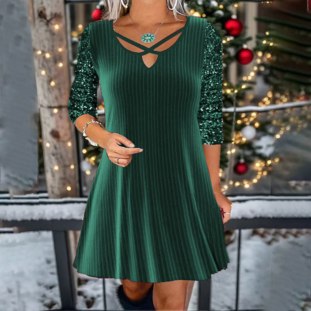 Women Clothing Solid Color V-neck Long Sleeve Sequin Casual Dress Women
