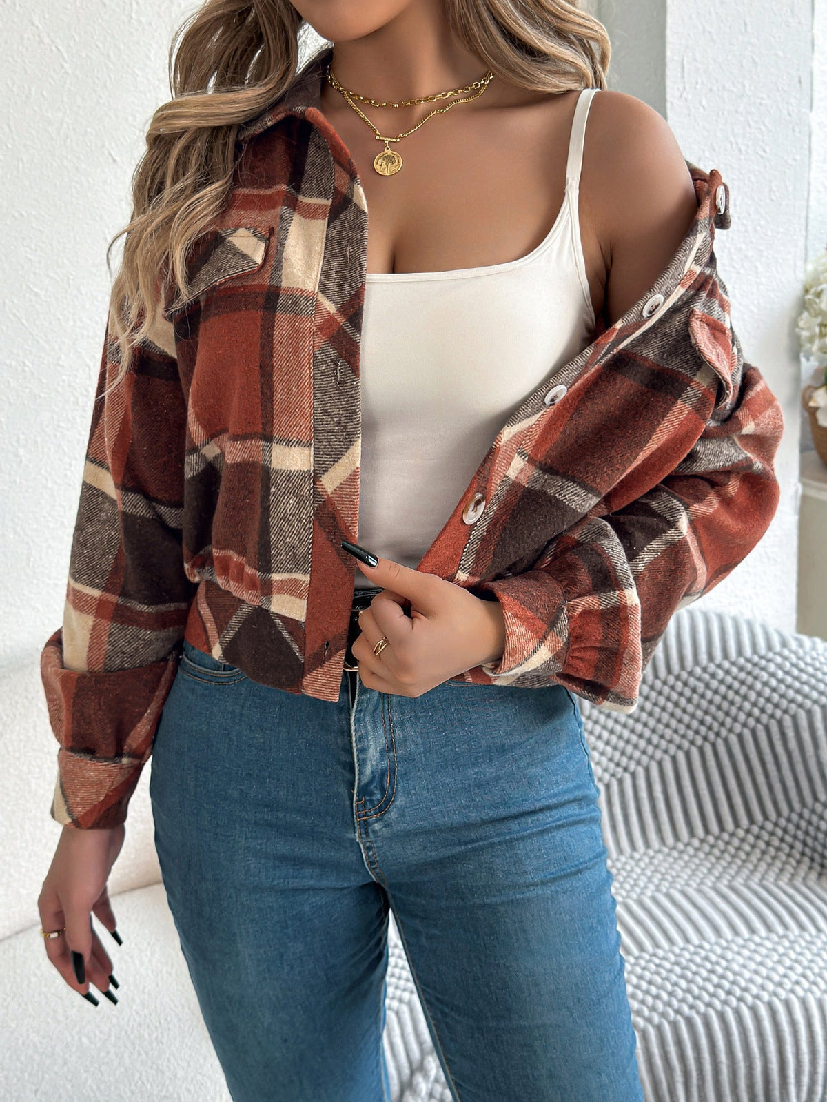Real Shot Autumn Winter Casual Plaid Faux Pocket Long Sleeve Woolen Cloth Jacket Coat Women Clothing