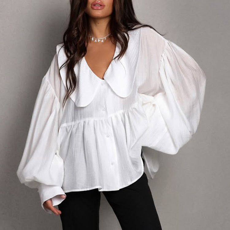 French Casual White Shirt Autumn Doll Face Puff Sleeve Loose All Matching Cardigan Shirt