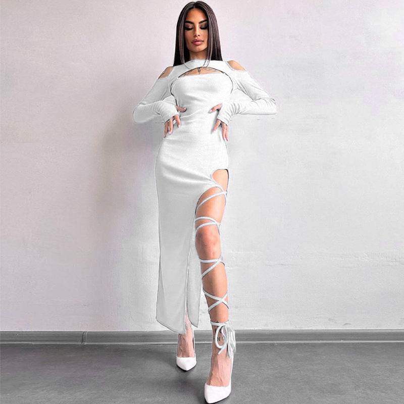 Sexy Leggings Split Dress Autumn Women Clothing Solid Color Long Sleeve Hollow Out Cutout Dress