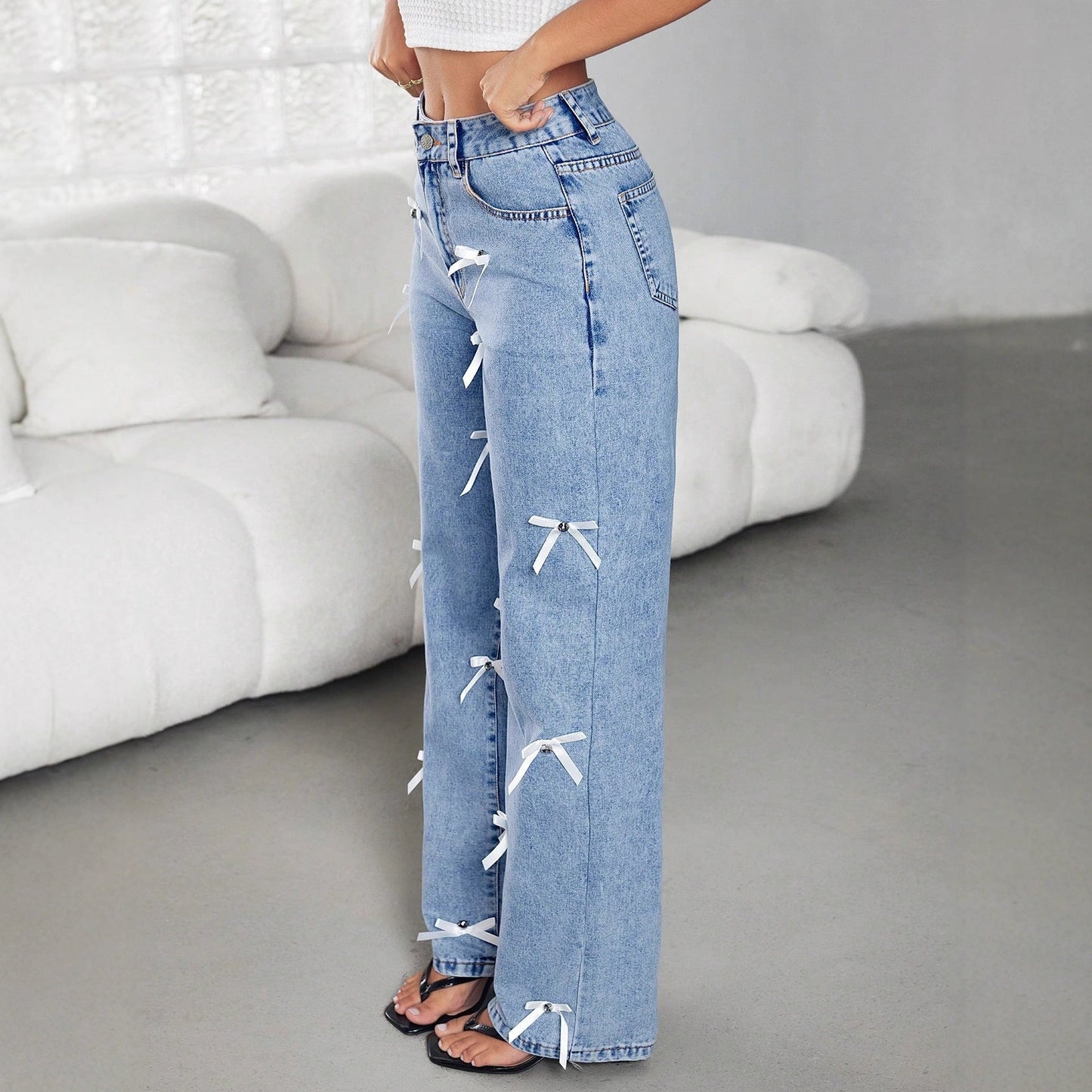 Bow Ribbon Women' Four Seasons Women Wide Leg Denim Trousers