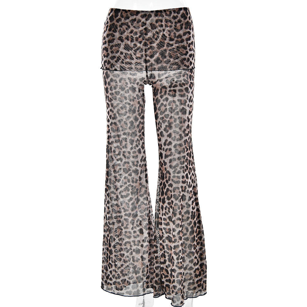Summer Sexy Leopard Print Mesh Floral Print Trousers Women High Waisted Boot Cut Pants