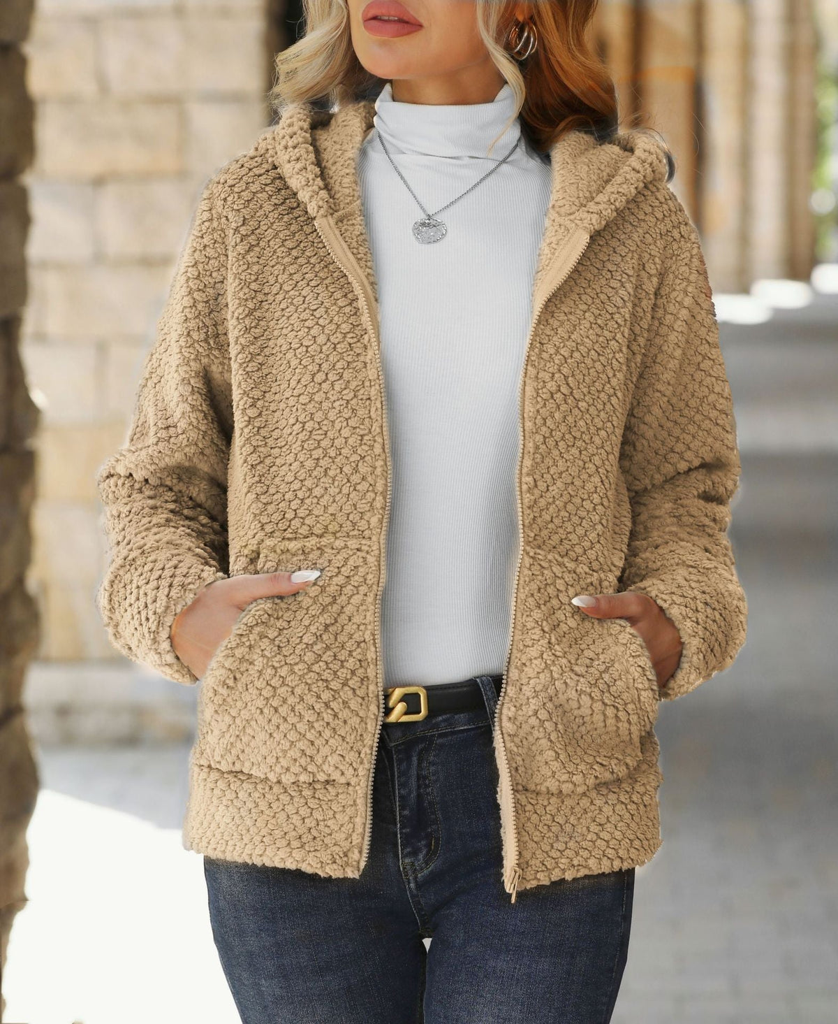 Flash Velvet Women Clothing Autumn Winter Loose Pocket Hooded Zip Cardigan Women Plush Coat
