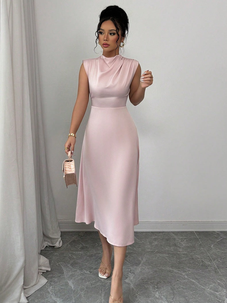 Women Clothing Summer Satin Women Pleated Satin Mid Length A line Dress
