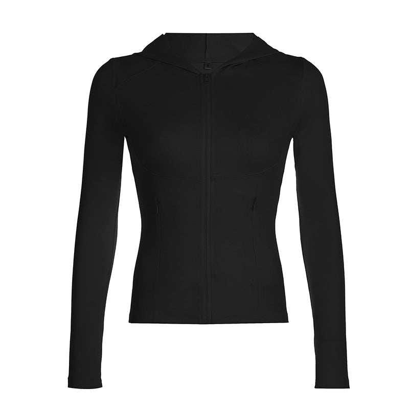 Solid Color Sports Fitness Running Top Yoga Slim Fit Fall Winter Outer Wear Hooded Zipper T shirt for Women