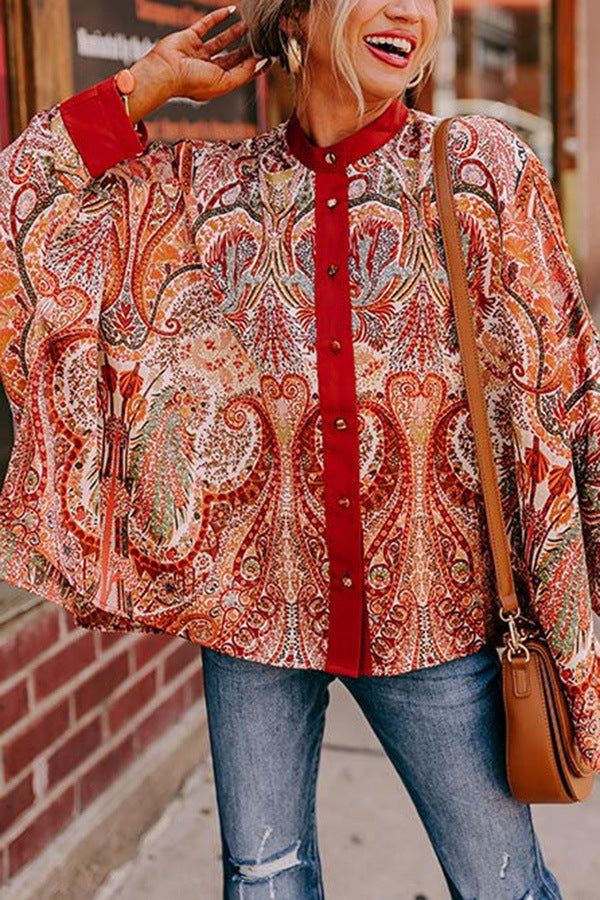 Autumn Winter Retro Printed Loose Street Tops Shirt for Women