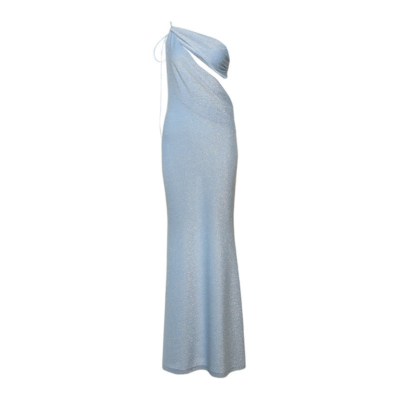 Winter Women Clothing Sexy Diagonal Collar Lace up Backless Long Slim Dress