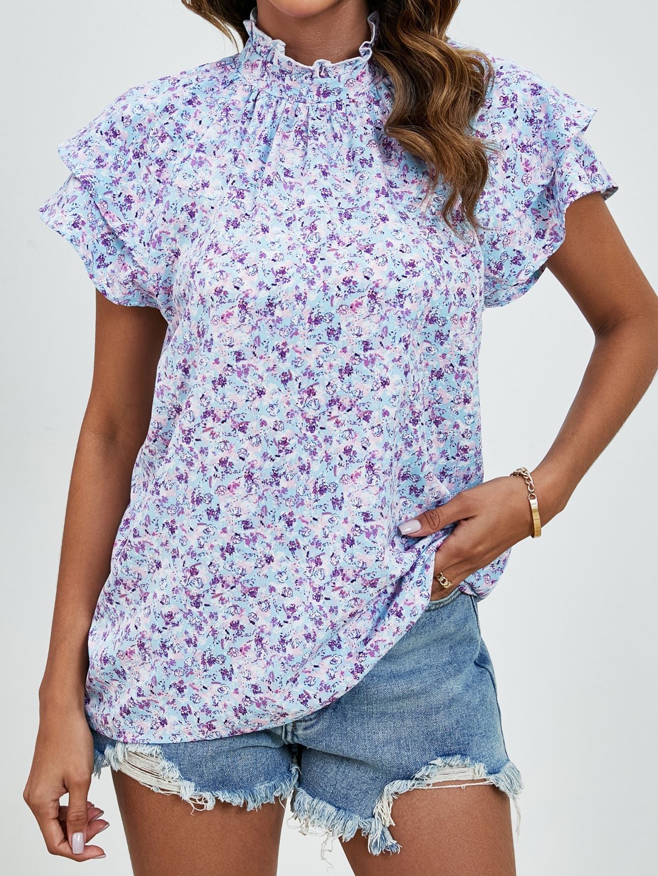 Women Top Half Turtleneck Double Layer Sleeve Casual Loose Printed Short Sleeved Top