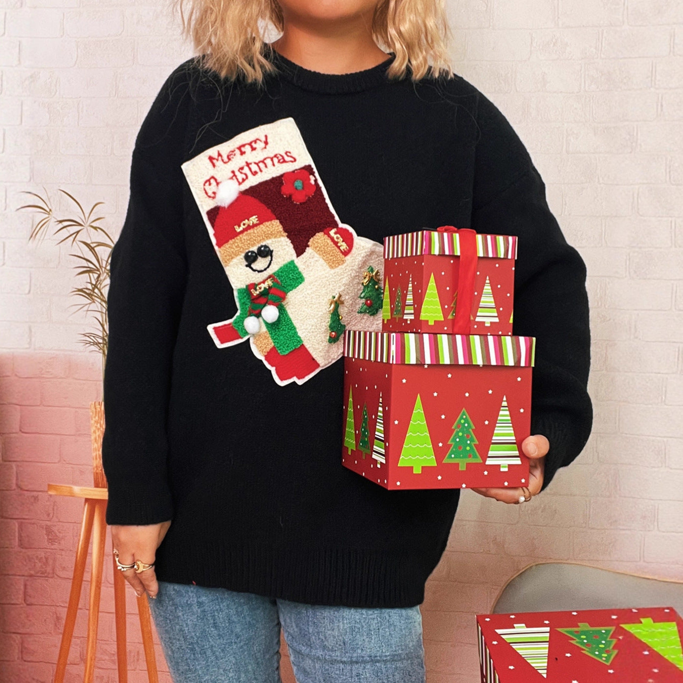 Autumn Winter Christmas Contrast Color Three Dimensional Pattern Sweater Chic Casual Women Knitting Pullover