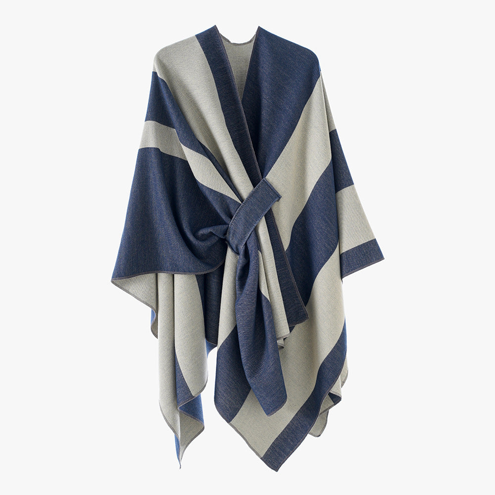 Double Sided Cape Shawl Outer Wear Women Striped Bar Shawl High Sense Cape Shawl