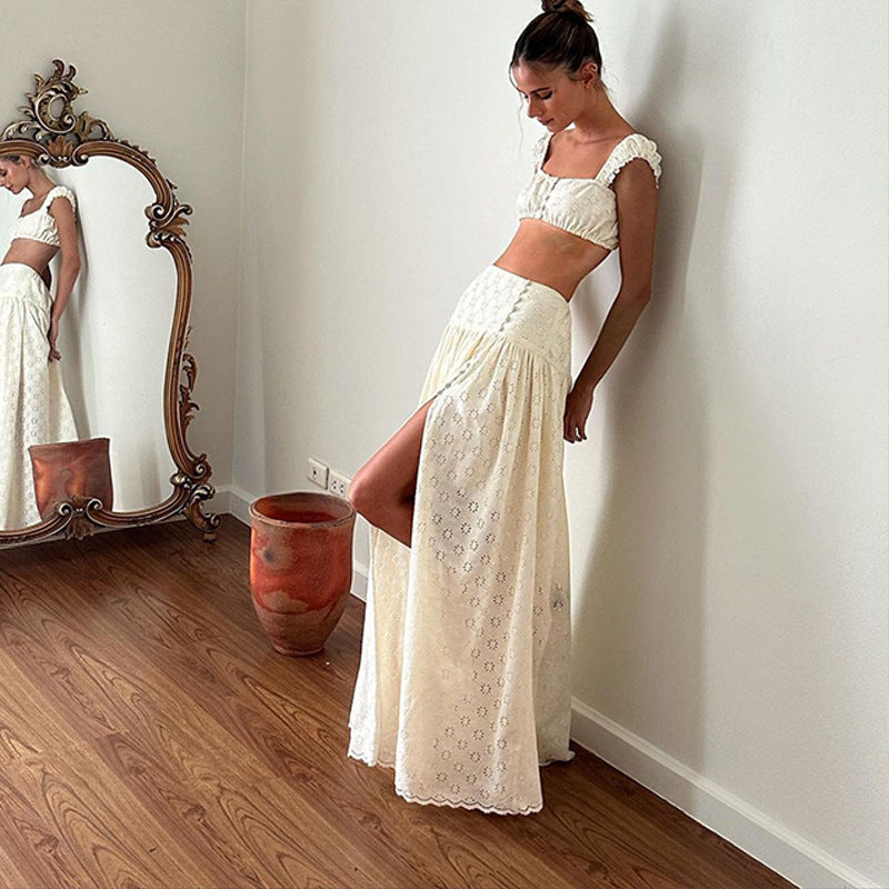 Summer French Short Slimming Cropped Outfit Sling Top Beach Vacation Skirt Two Piece Sets Women