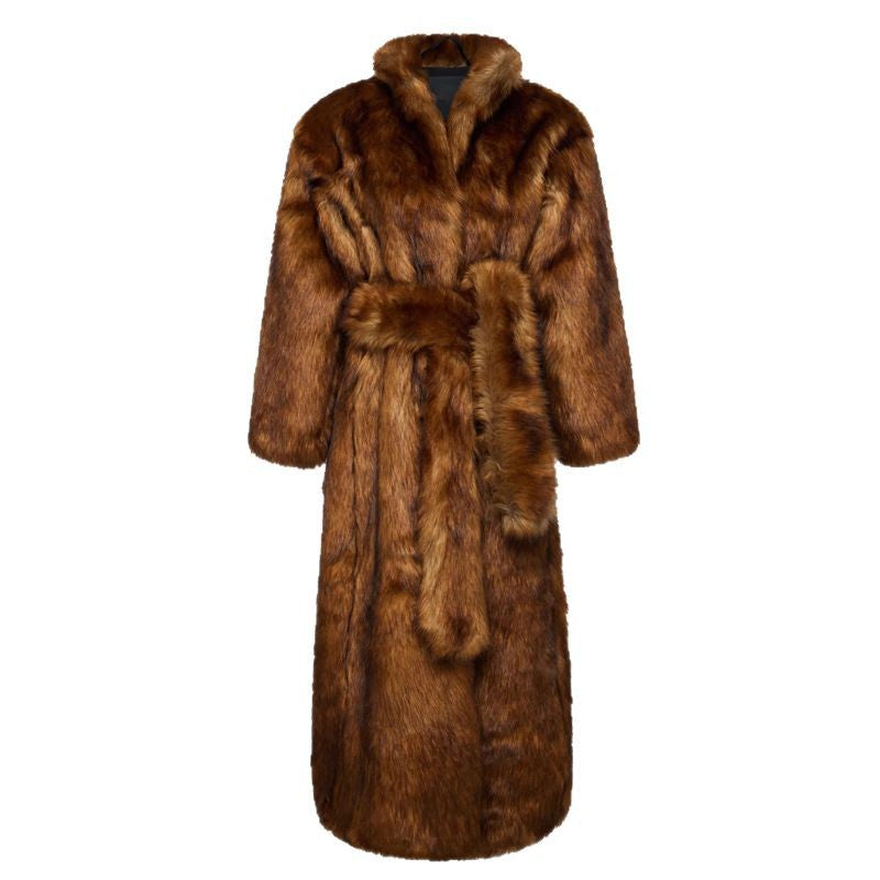 Women Winter Faux Fur Young Wolf Fur Coat Women Long below the Knee Warm Coat