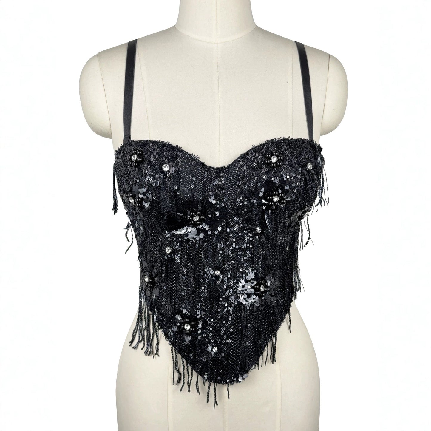 Sequ Tassel Suspender Vest Sexy Boning Corset Bra Rhinestone Beaded Outer Wear Tube Top Boning Corset Top