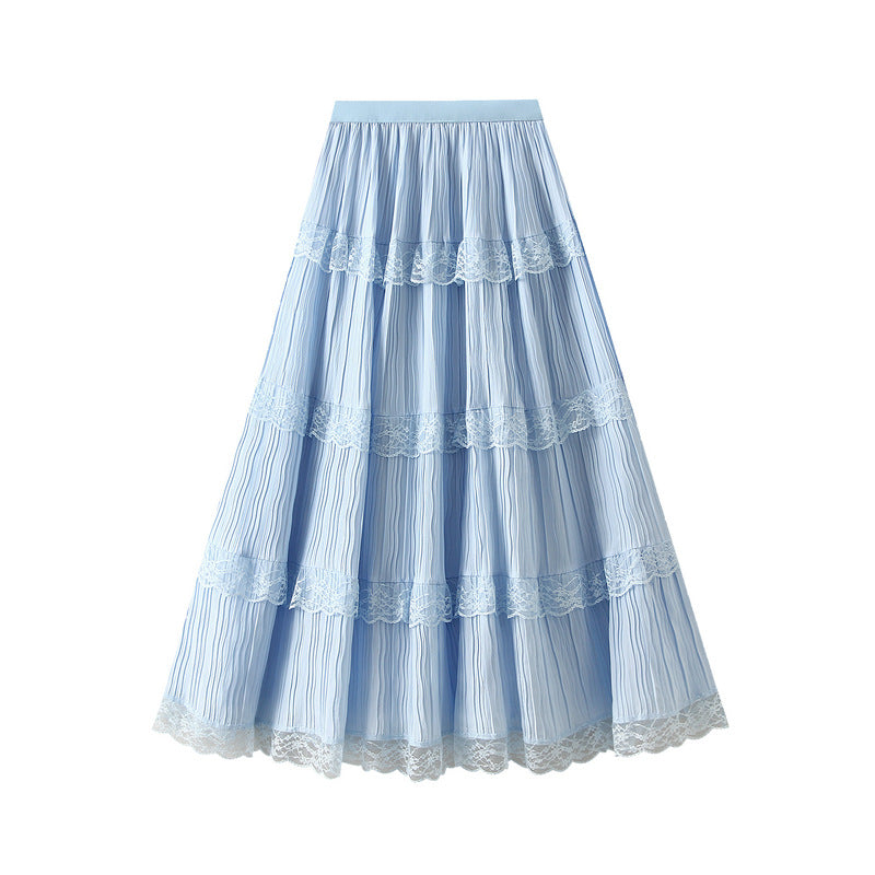 Lace Mesh Patchwork Skirt Women Spring Super Fairy A line Slimming Mid Length Tiered Ruffle Dress