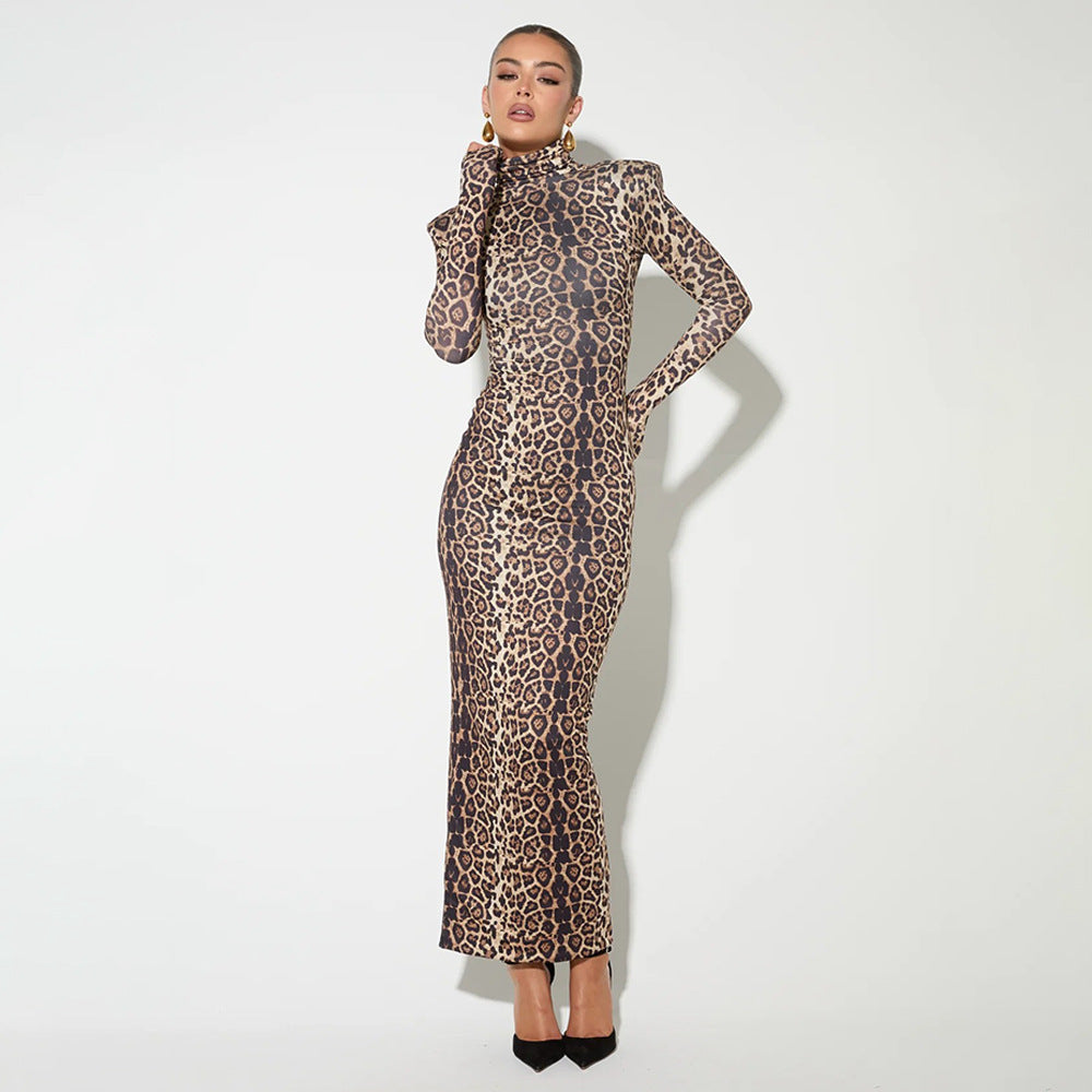Autumn Winter Sexy Lady Leopard Print Dress Half Turtleneck Long Slim Long Sleeve Dress