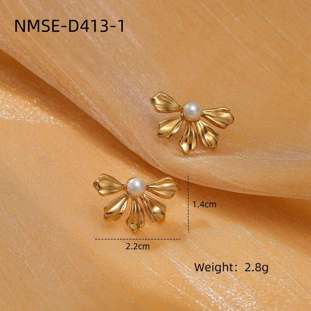 Light Luxury Titanium Steel Pearl Floral High Grade Earrings Simple Elegant Exaggerated Design Stainless Steel Studs