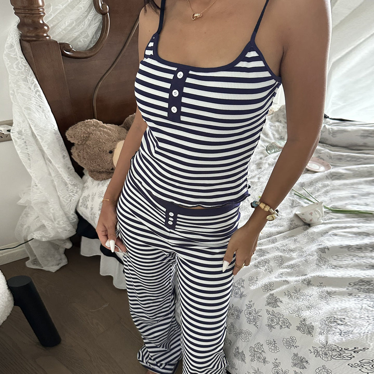 Casual Homewear Striped Contrast Color Breasted Sling Top Trousers Pajamas Two Piece Set for Women