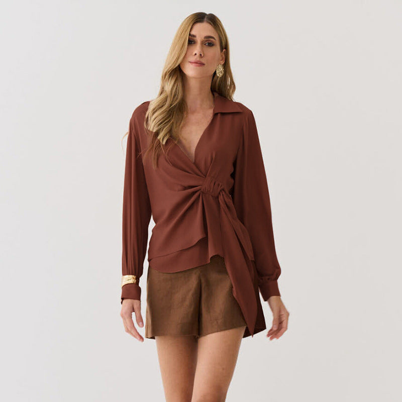 Women Clothing Autumn Long Sleeve Elegant V neck Solid Color Waist Tight Chiffon Shirt Women