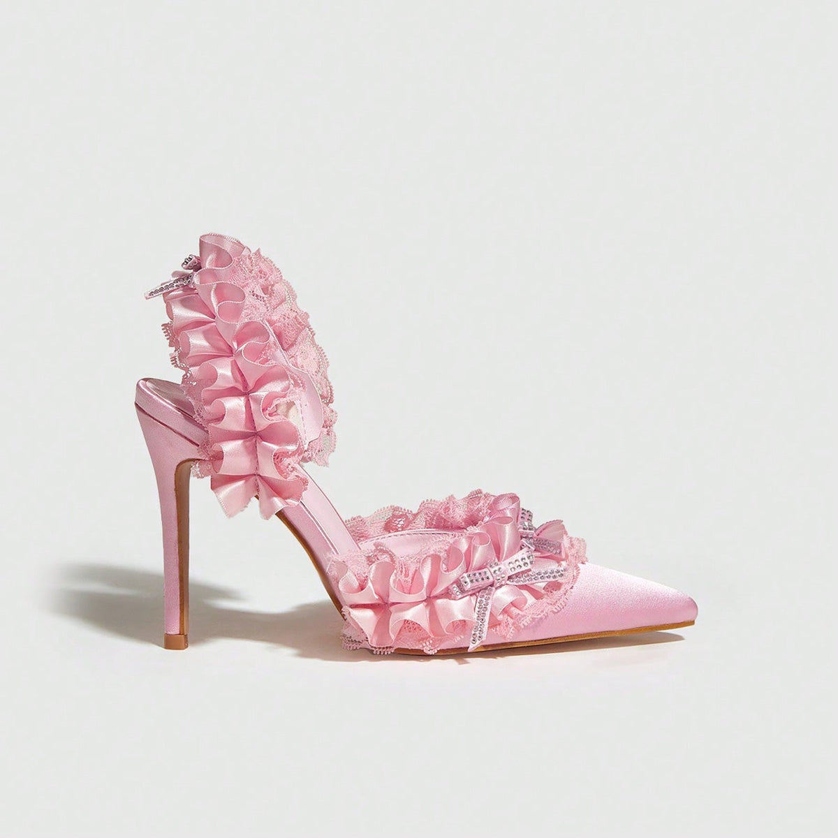 Rhinestone Bow High Heel Sandals Stiletto Heel Pointed Heels Women Black Pink Satin Surface 11cm