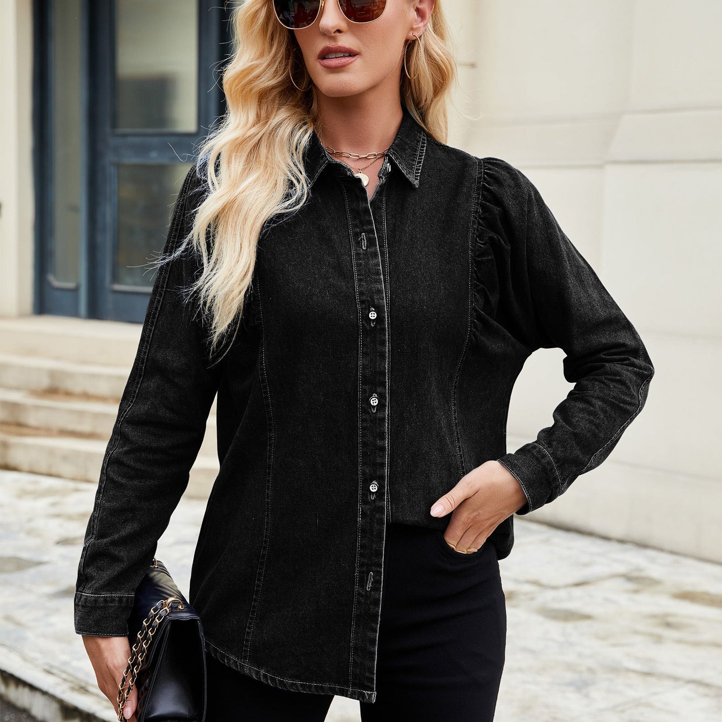 Women Clothing Spring Summer Washing Shrug Denim Long Sleeve Shirt Top