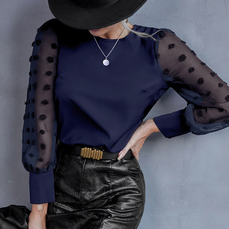 Neck Solid Color Jacquard Dot Long-Sleeved Shirt Casual Patchwork Shirt Top for Women textured