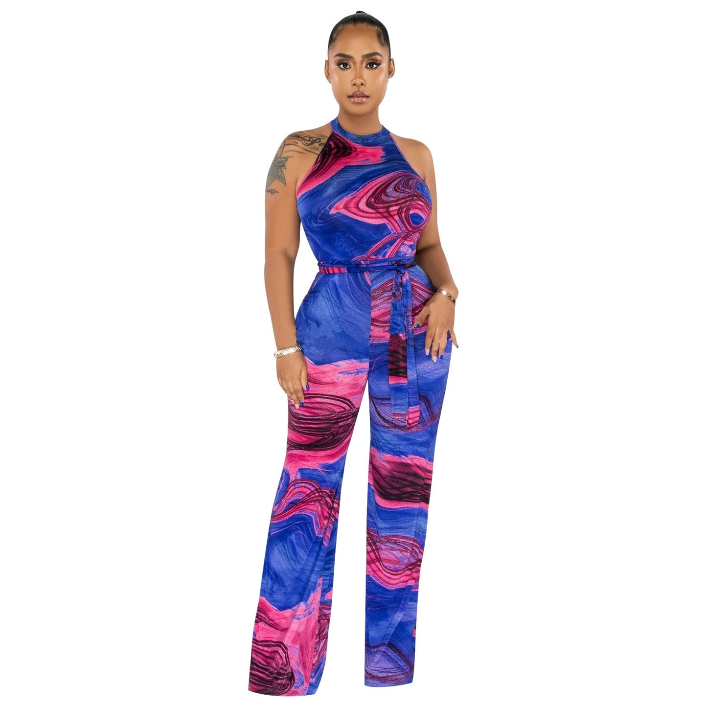 Summer Women Clothing Printed Sexy Sleeveless Lace up Jumpsuit Trousers for Women