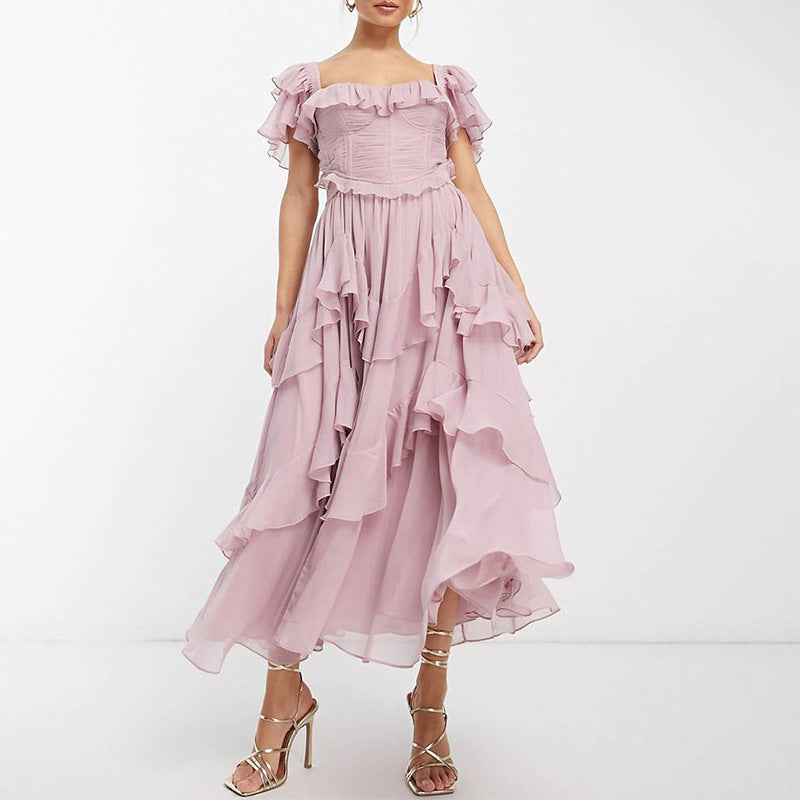 Dress Holiday Dress Lace Backless Hollow Out Cutout out Tiered Dress Ruffled Pleated Dress